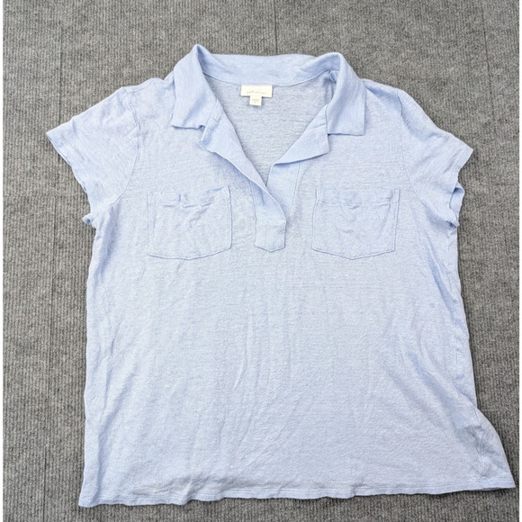J Jill Linen Top Womens Medium Blue Polo Minimalist Preppy Coastal Timeless - Picture 1 of 6